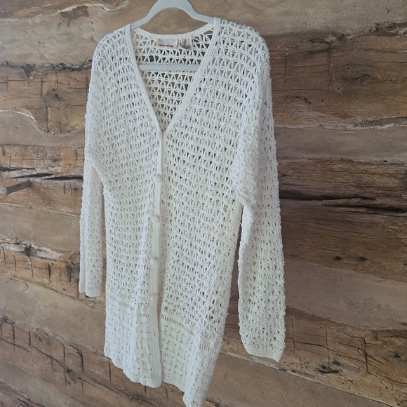 DKNY Jeans White V Neck Crochet Cotton Blend Sweater Size Large - Picture 4 of 6